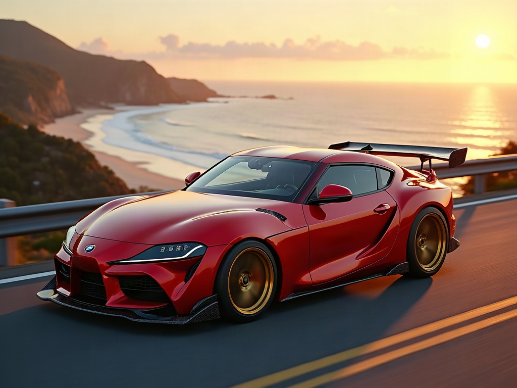 A photorealistic candy-apple-red sports car with gold multi-spoke whee — AI car build by @samleeca