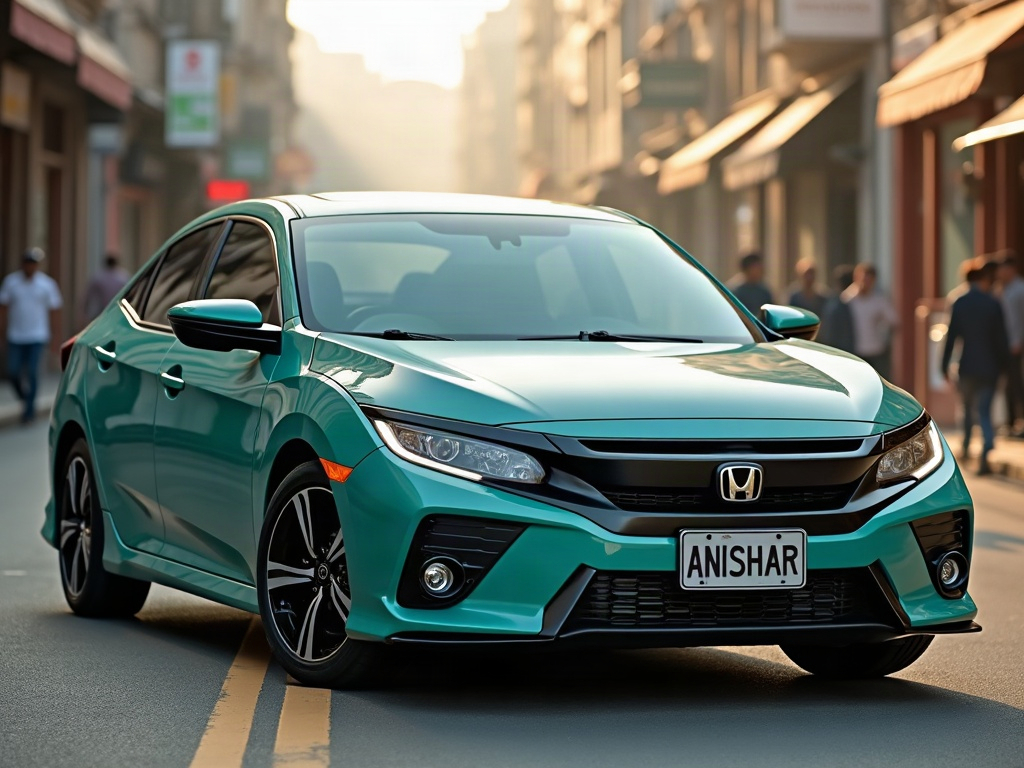 A photorealistic teal everyday commuter sedan — AI car build by @pestograiny7k