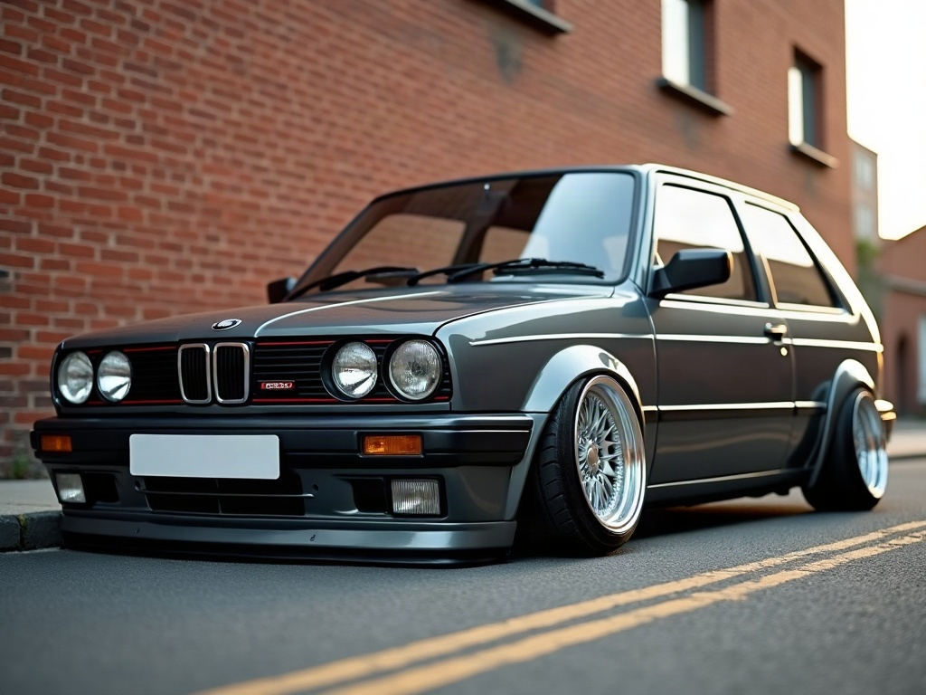 A photorealistic graphite grey retro-styled hatchback — AI car build by @marciovieira