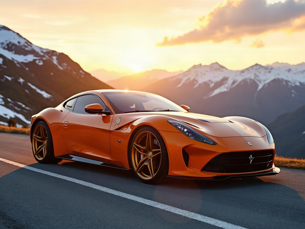 A photorealistic sunset orange luxury sports coupe with bronze five-sp — AI car build by @douglasgrunfeld