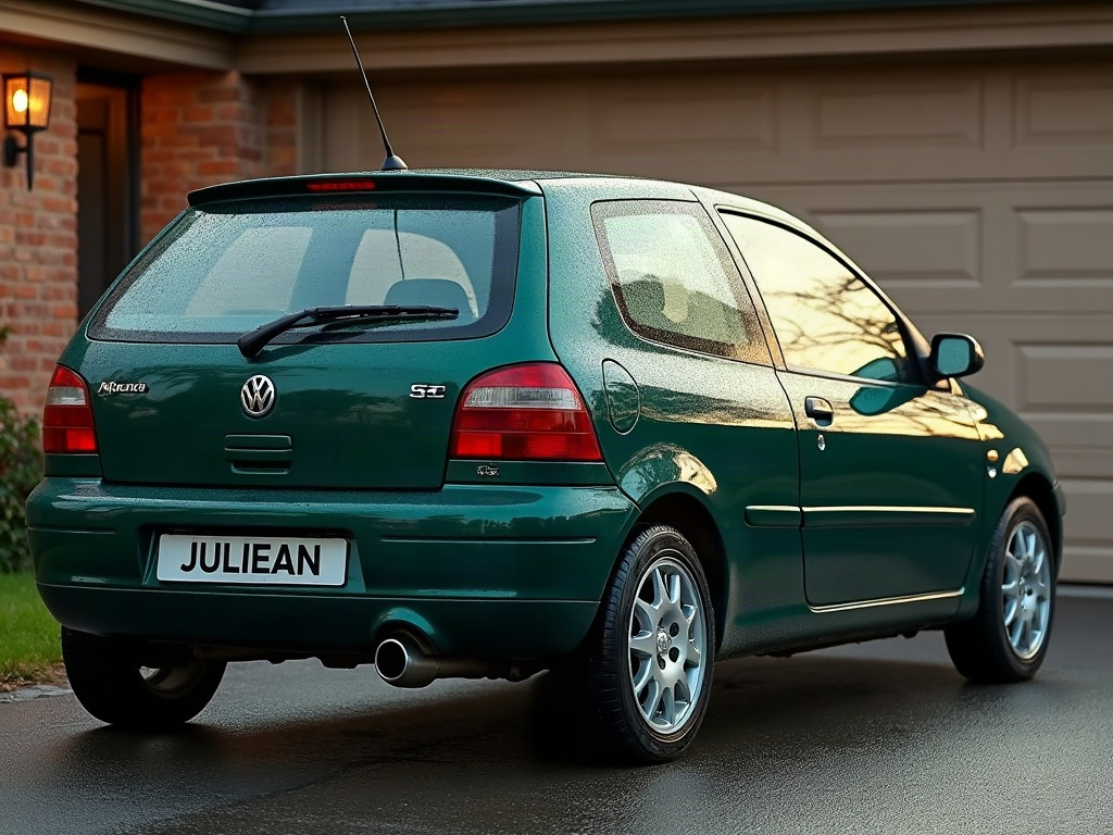 A photorealistic dark green compact hatchback — AI car build by @julieannemoyle