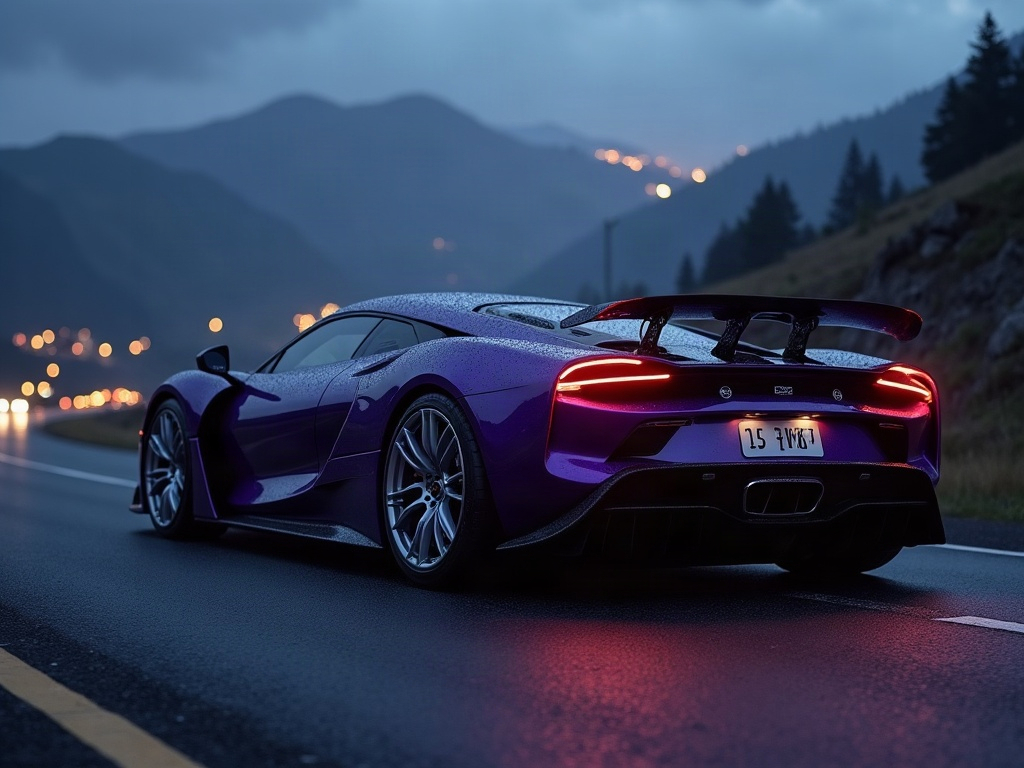 A photorealistic deep purple exotic mid-engine supercar with silver cr — AI car build by @lmtaniguchi