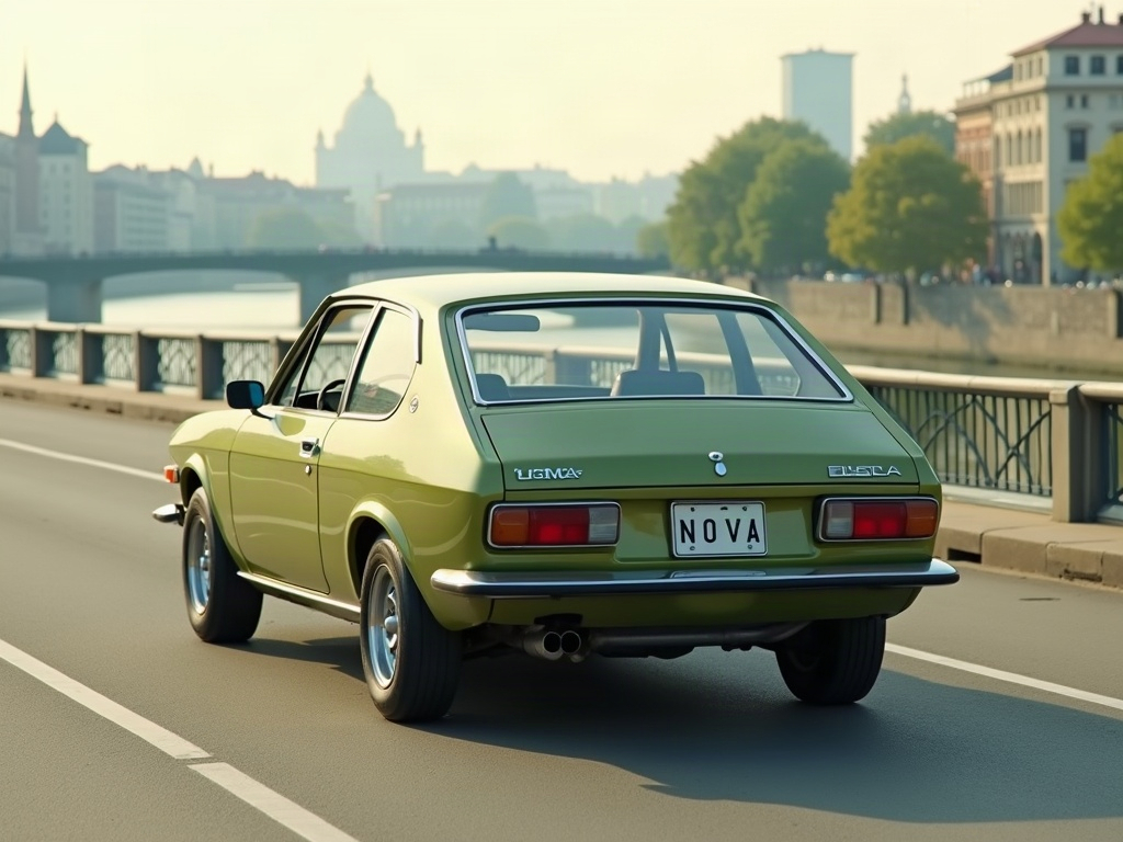 A photorealistic olive green modest two-door coupe — AI car build by @majandy