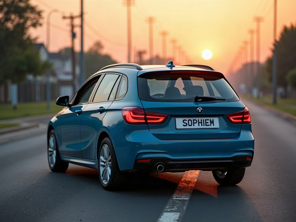 A photorealistic steel blue five-door hatchback — AI car build by @sophiem