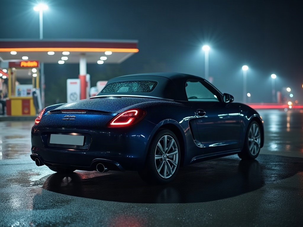 A photorealistic dark blue small convertible — AI car build by @mariestaehli