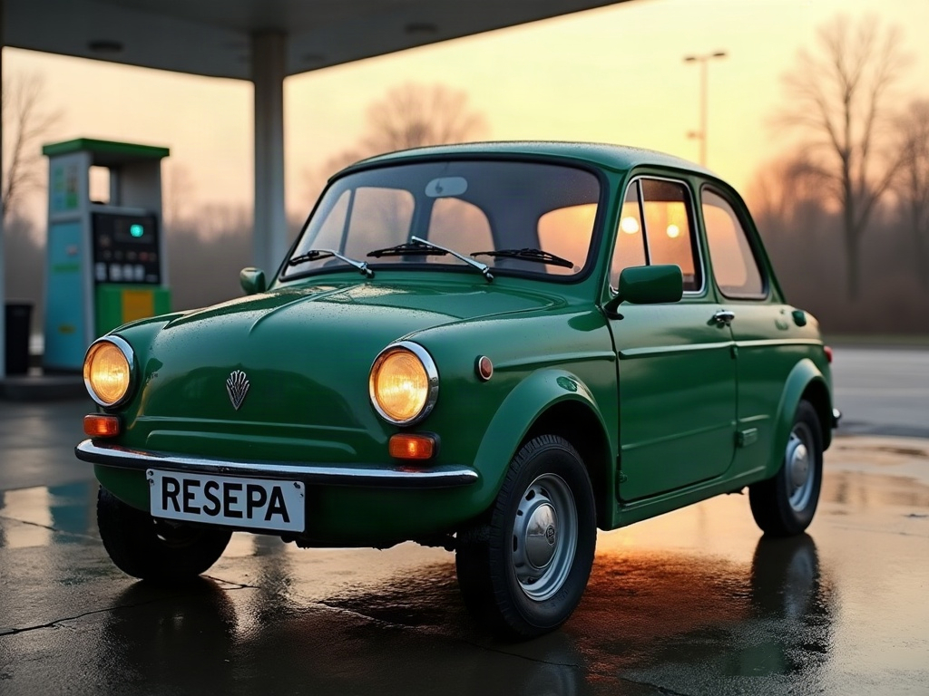 A photorealistic dark green small city car — AI car build by @reesepatty