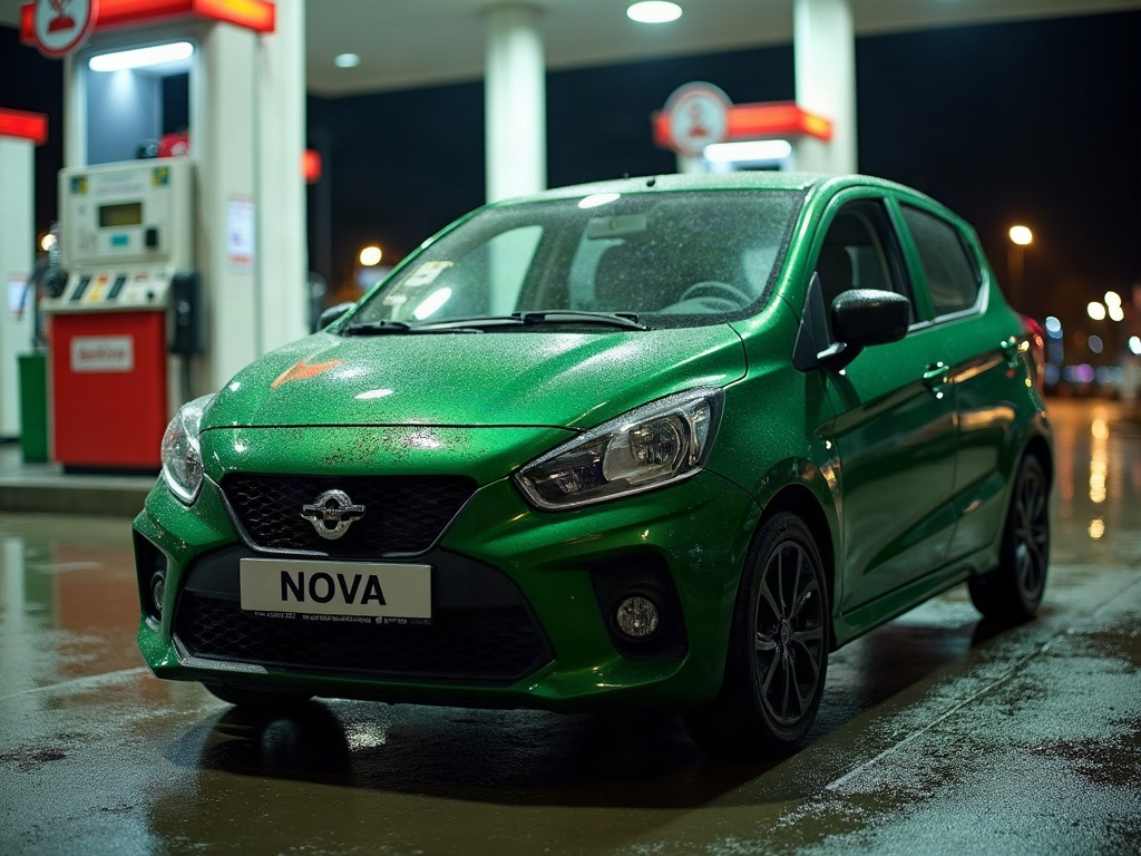 A photorealistic forest green subcompact car — AI car build by @reesepatty
