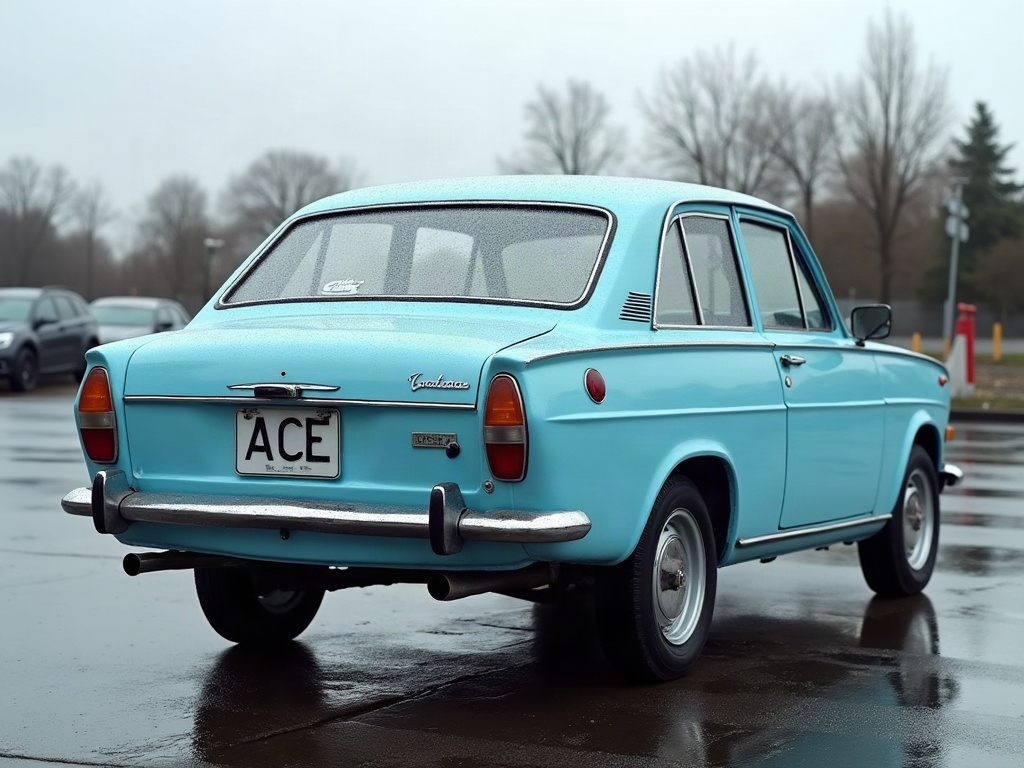 A photorealistic light blue retro-styled hatchback — AI car build by @irenemulwa4