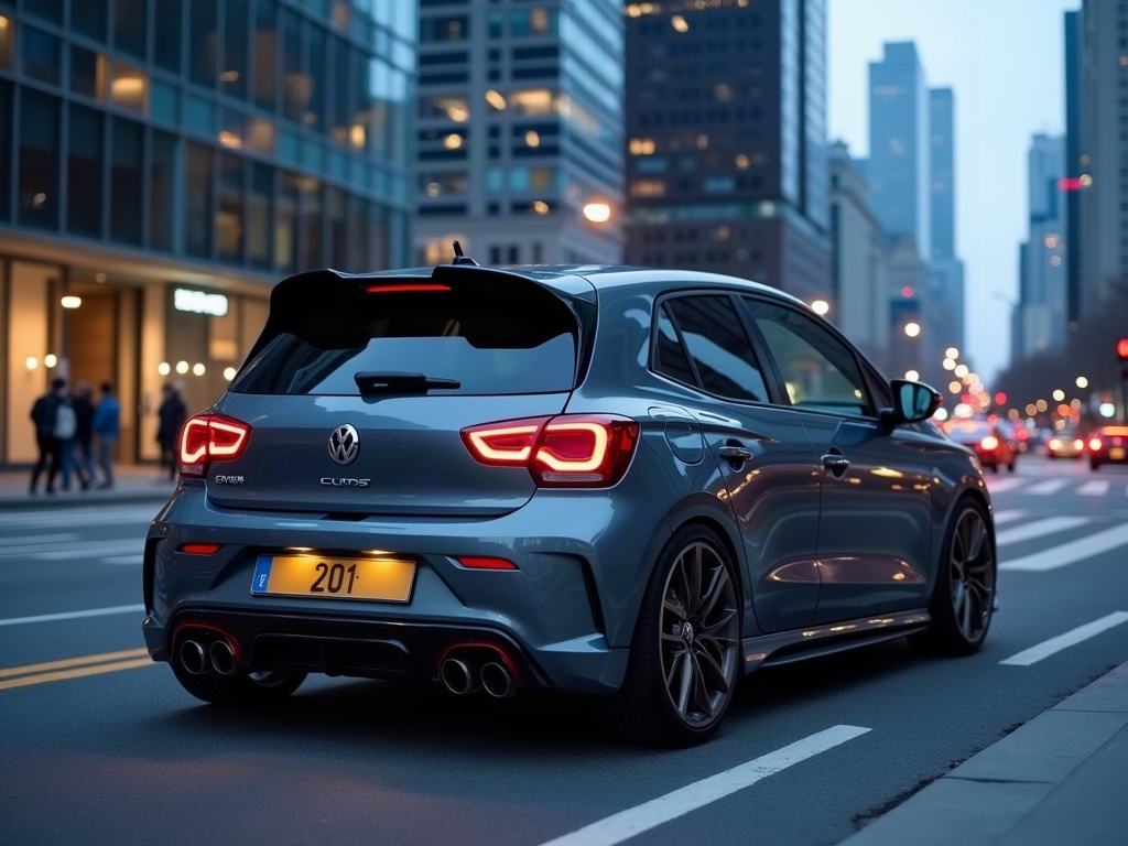 A photorealistic slate grey compact hot hatch with polished deep-dish — AI car build by @adonis17martins