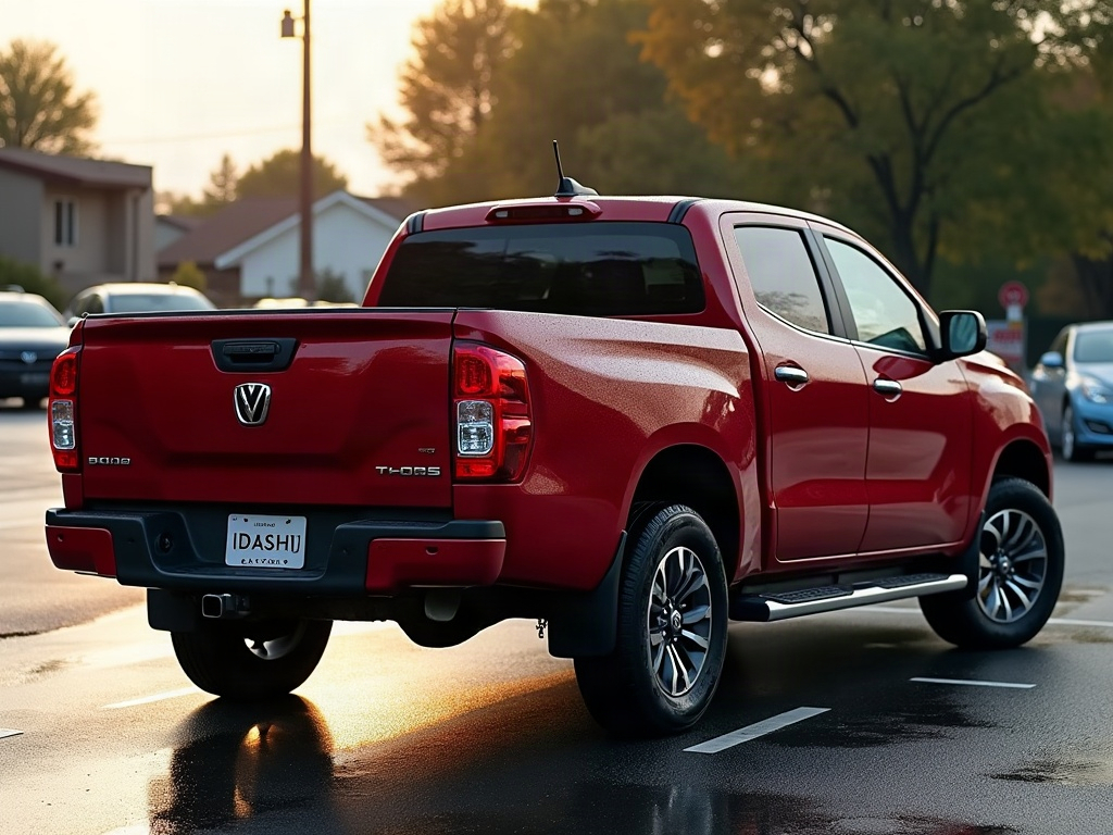 A photorealistic deep red small pickup — AI car build by @thebark24