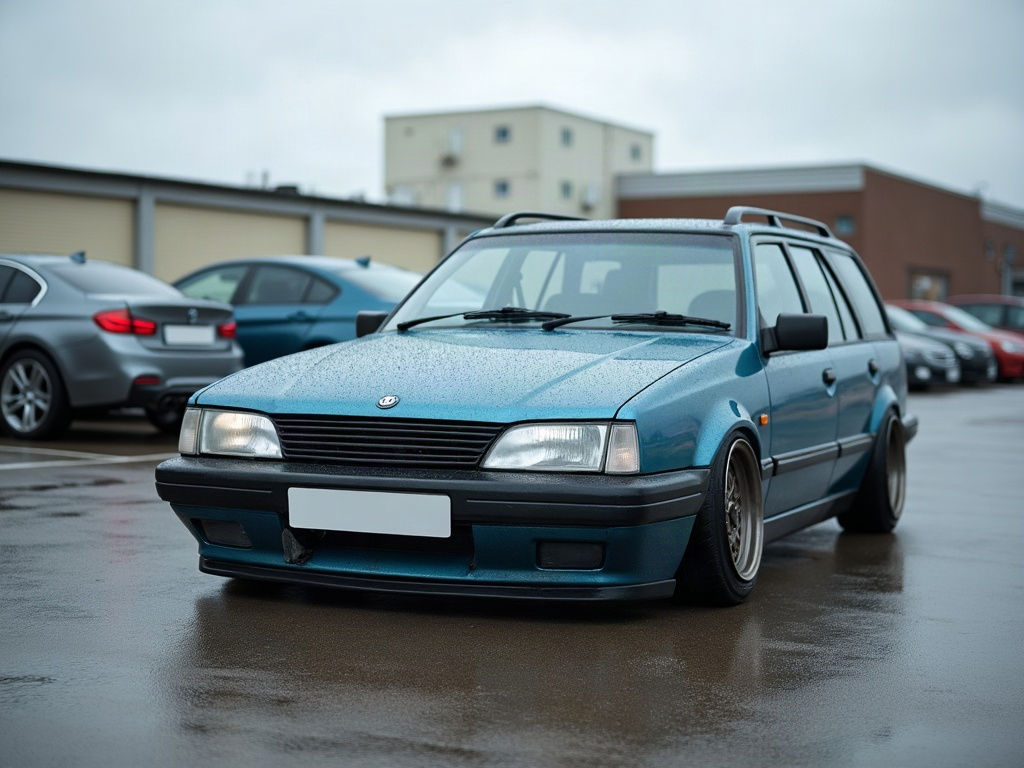A photorealistic steel blue estate station wagon — AI car build by @thebark24