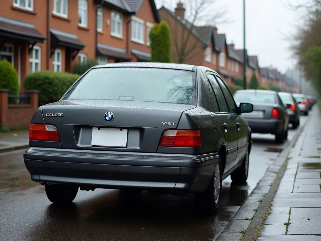 A photorealistic anthracite older classic sedan — AI car build by @iryitaa