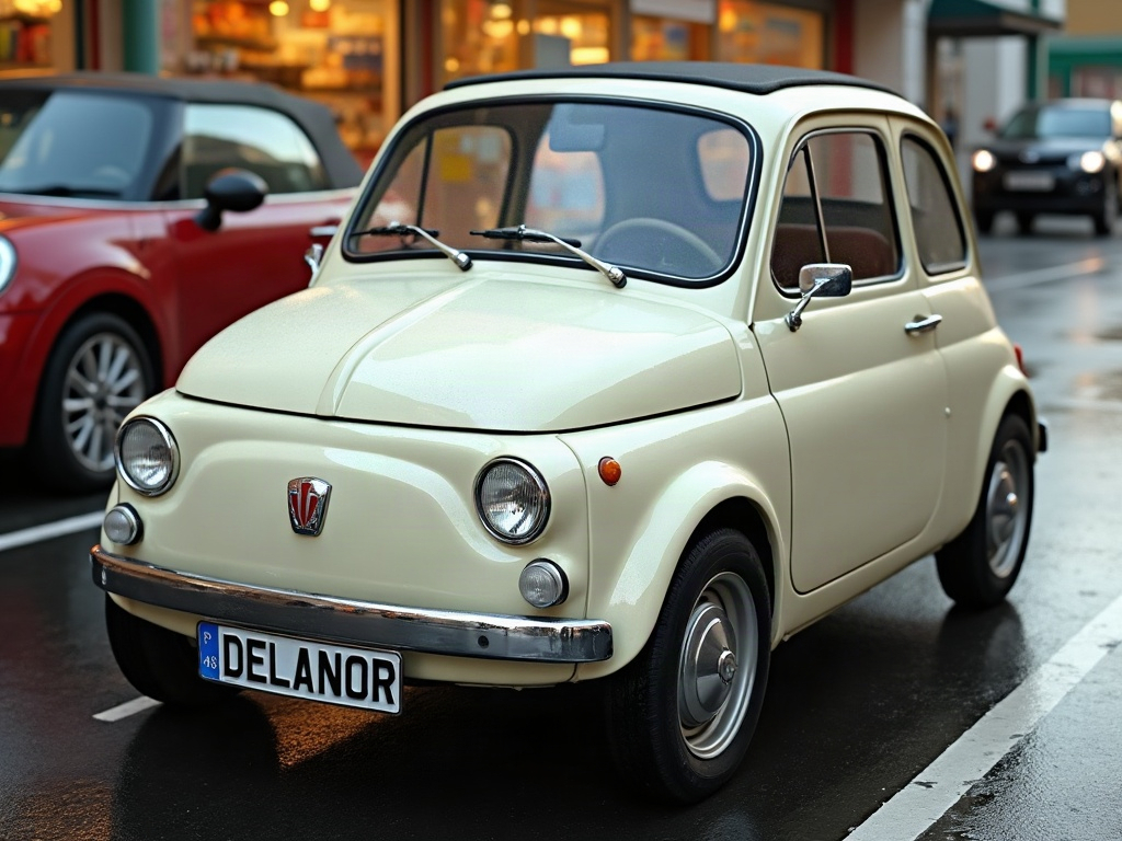 A photorealistic off-white small city car — AI car build by @burjack