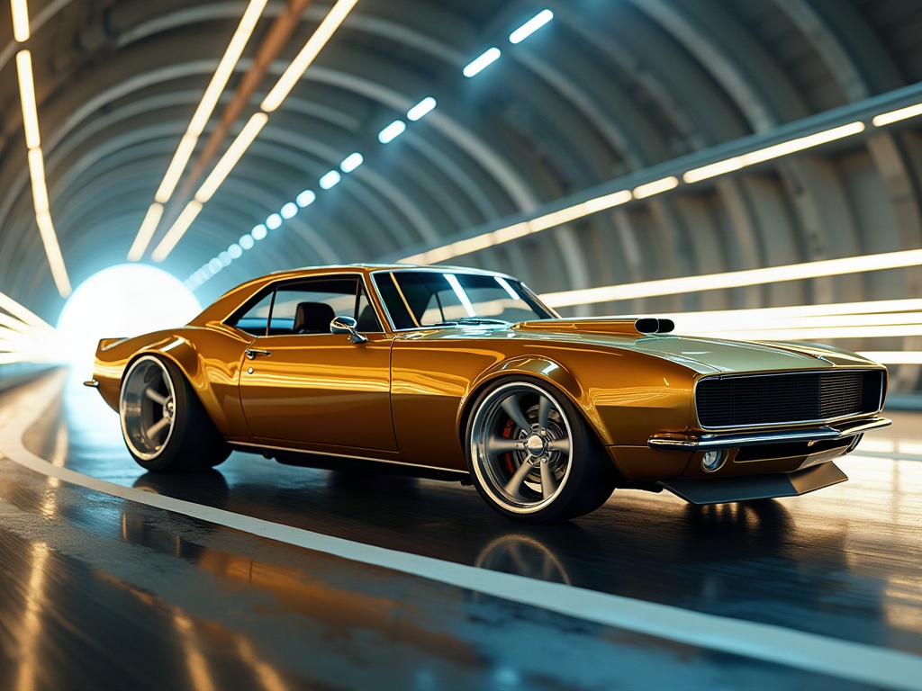 A photorealistic champagne gold wide-body American muscle car with whi — AI car build by @stefanianetti