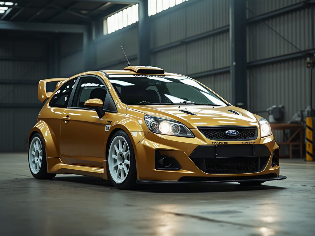 A photorealistic champagne gold rally-spec hatchback with white race w — AI car build by @stefanianetti