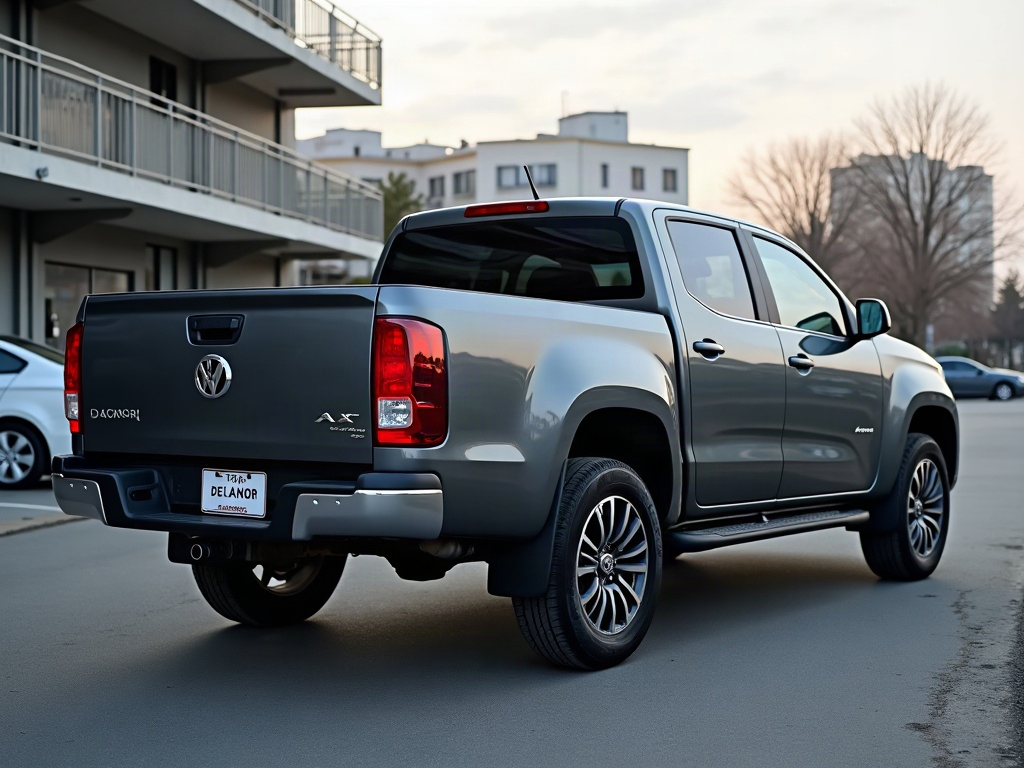 A photorealistic gunmetal grey double-cab pickup truck — AI car build by @stefanocanneddu