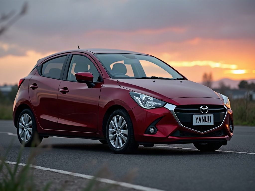 A photorealistic maroon small city car — AI car build by @iyanu_miracle