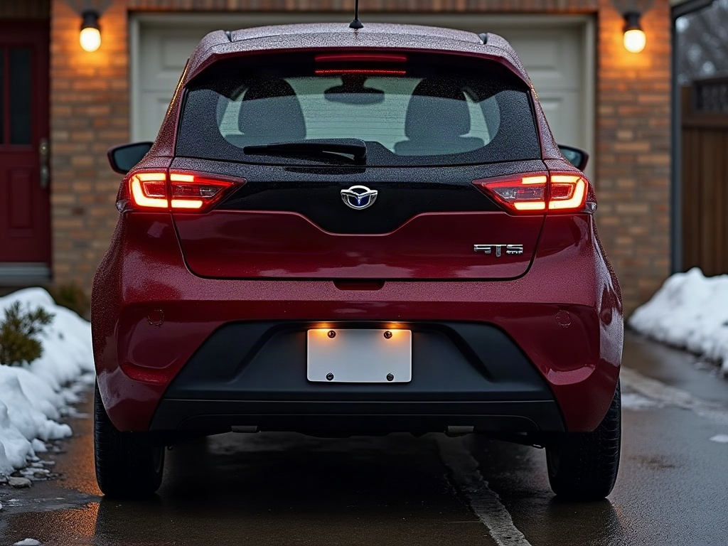 A photorealistic maroon compact electric hatchback — AI car build by @iyanu_miracle