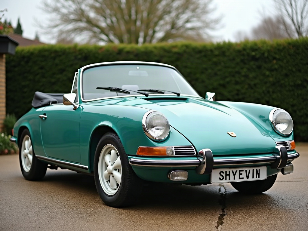 A photorealistic teal small convertible — AI car build by @shyevin