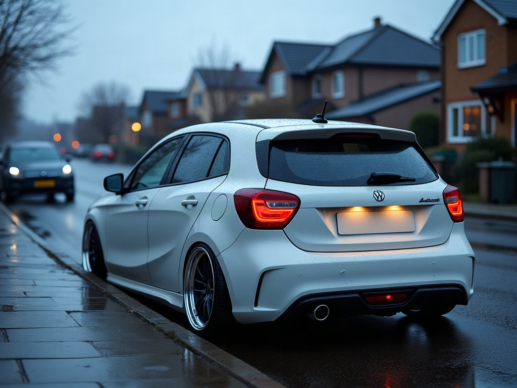 A photorealistic off-white sporty hatchback — AI car build by @samolesnik