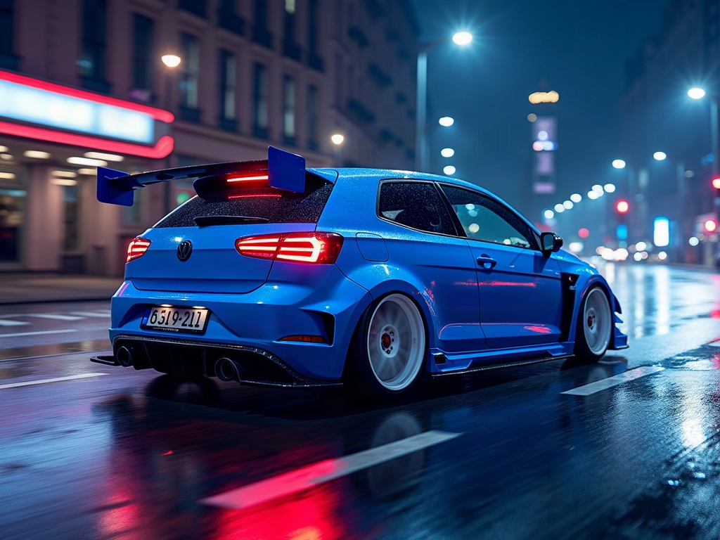 A photorealistic electric-blue hot hatch with a large rear wing and wh — AI car build by @nicoleclark88