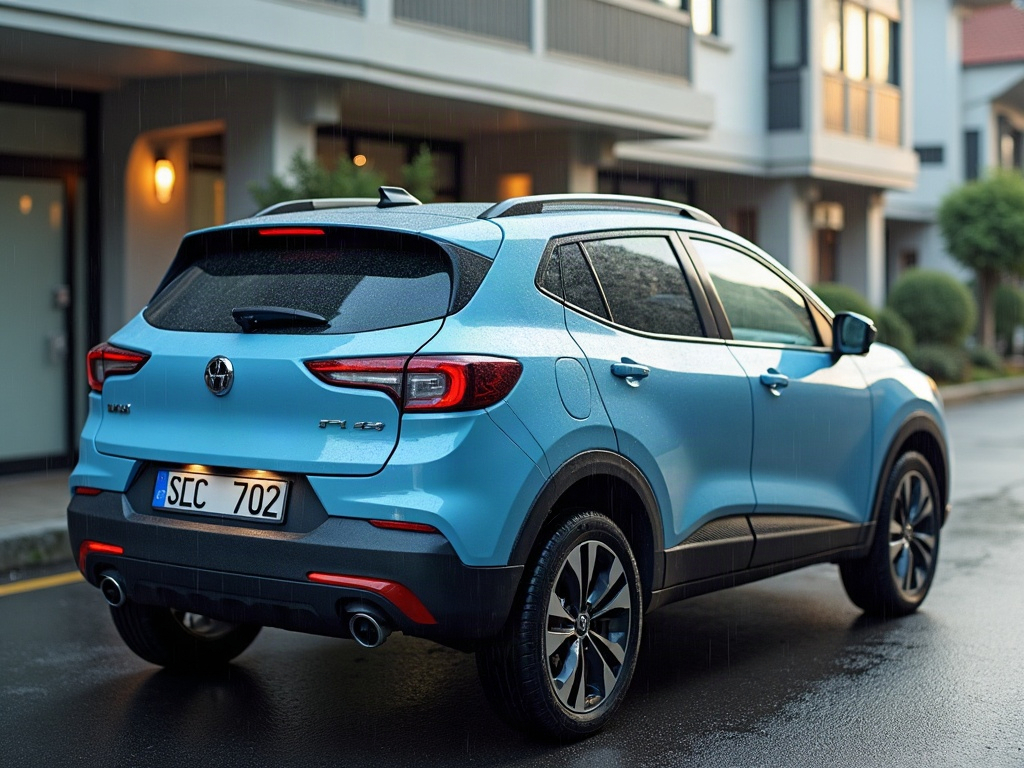 A photorealistic light blue crossover SUV — AI car build by @thalithacioli