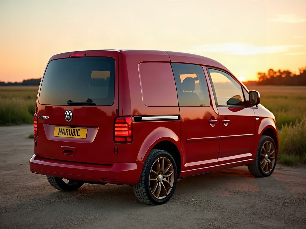 A photorealistic red small delivery van — AI car build by @marubichito