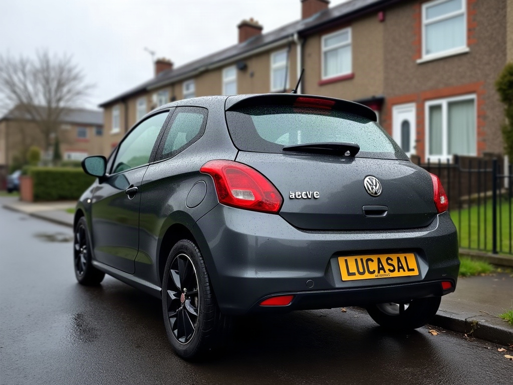 A photorealistic dark grey subcompact car — AI car build by @lucas_almeida