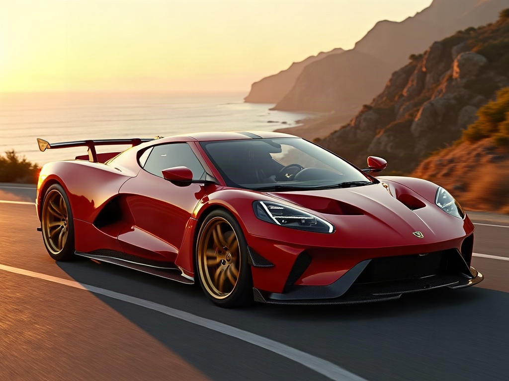 A photorealistic candy-apple-red sports car with gold multi-spoke whee — AI car build by @vslaiims