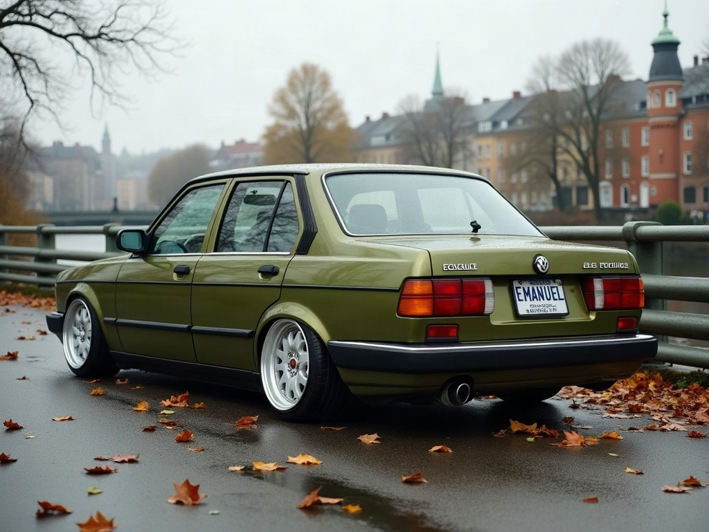 A photorealistic olive green compact sedan — AI car build by @jthraenhart