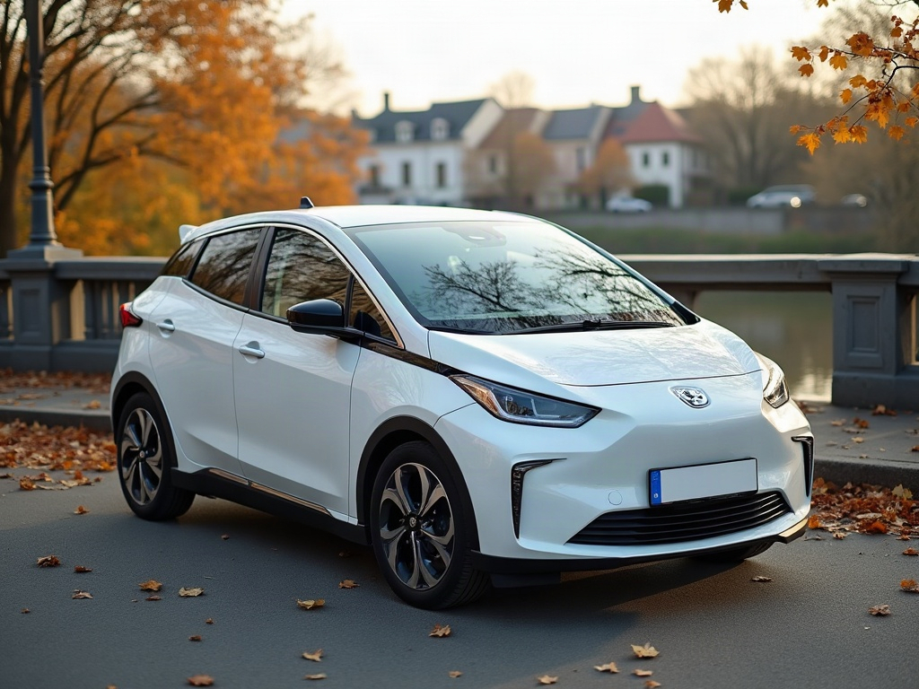 A photorealistic pearl white compact electric hatchback — AI car build by @zhukovetssophie