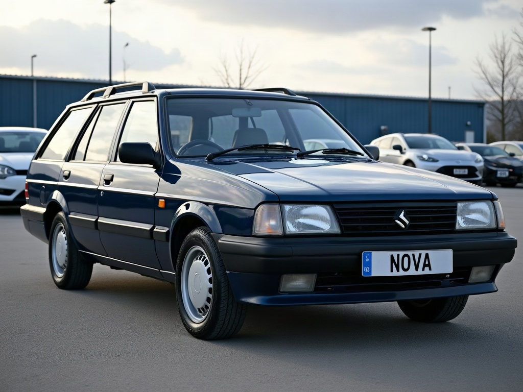 A photorealistic dark blue estate station wagon — AI car build by @haripapavi