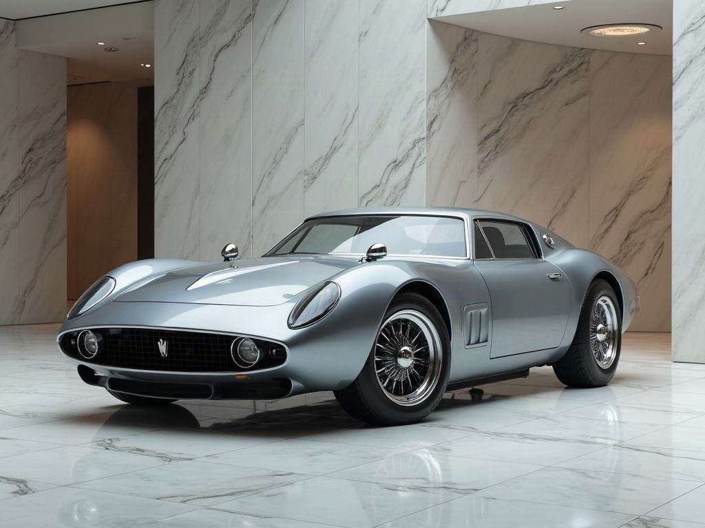 A photorealistic slate grey retro-futuristic coupe with chrome multi-s — AI car build by @tainaanselmo08