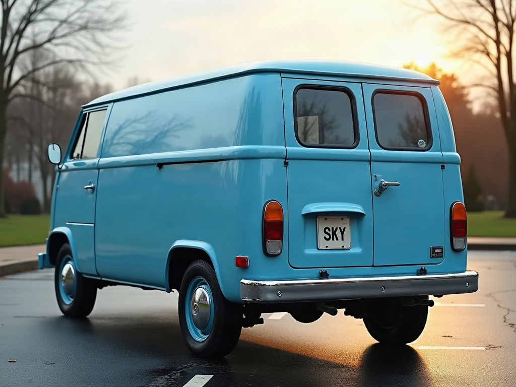 A photorealistic light blue small delivery van — AI car build by @ifarahalghamdi1