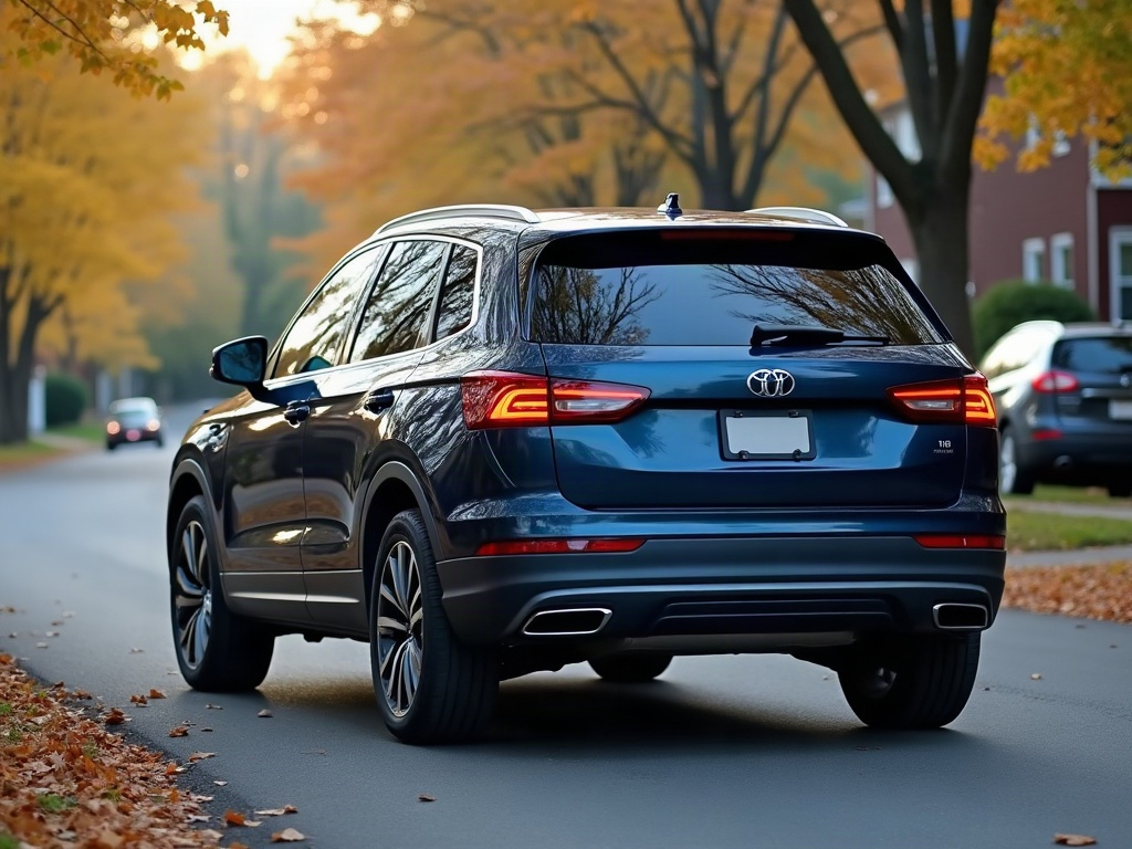 A photorealistic dark blue crossover SUV — AI car build by @ifarahalghamdi1