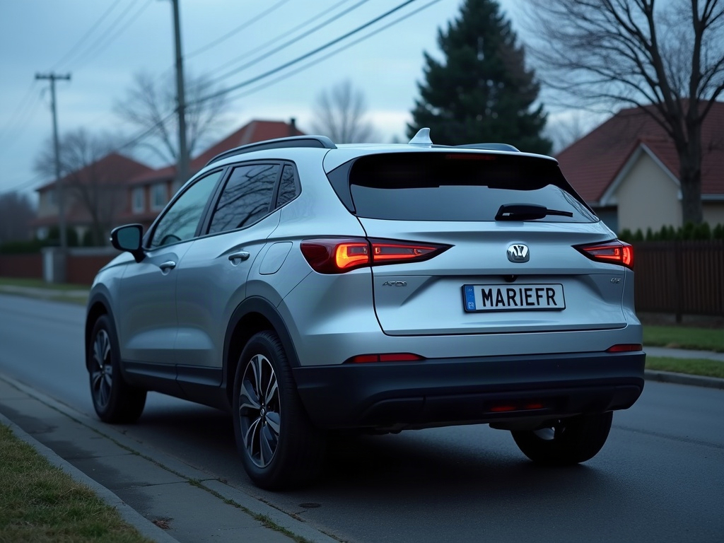 A photorealistic metallic silver crossover SUV — AI car build by @mariefricault
