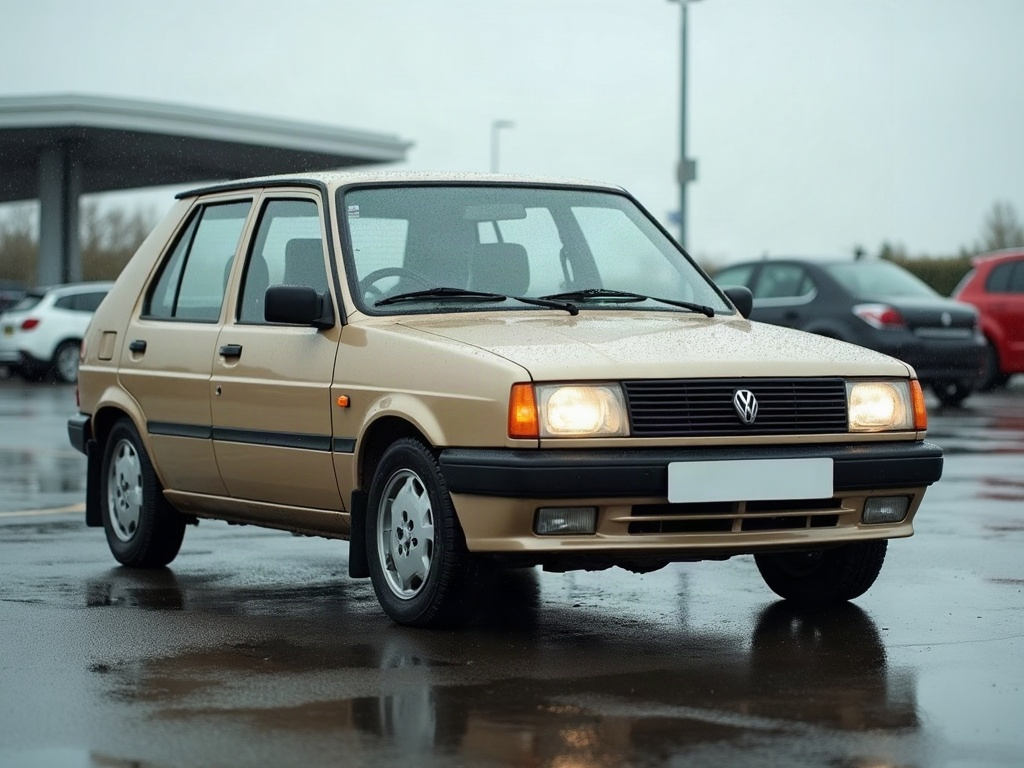 A photorealistic beige five-door hatchback — AI car build by @mvdpijl1955