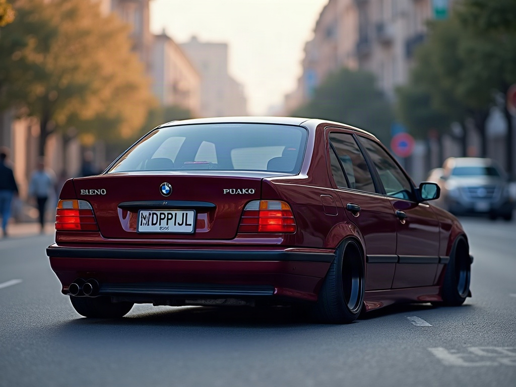 A photorealistic maroon compact sedan — AI car build by @mvdpijl1955