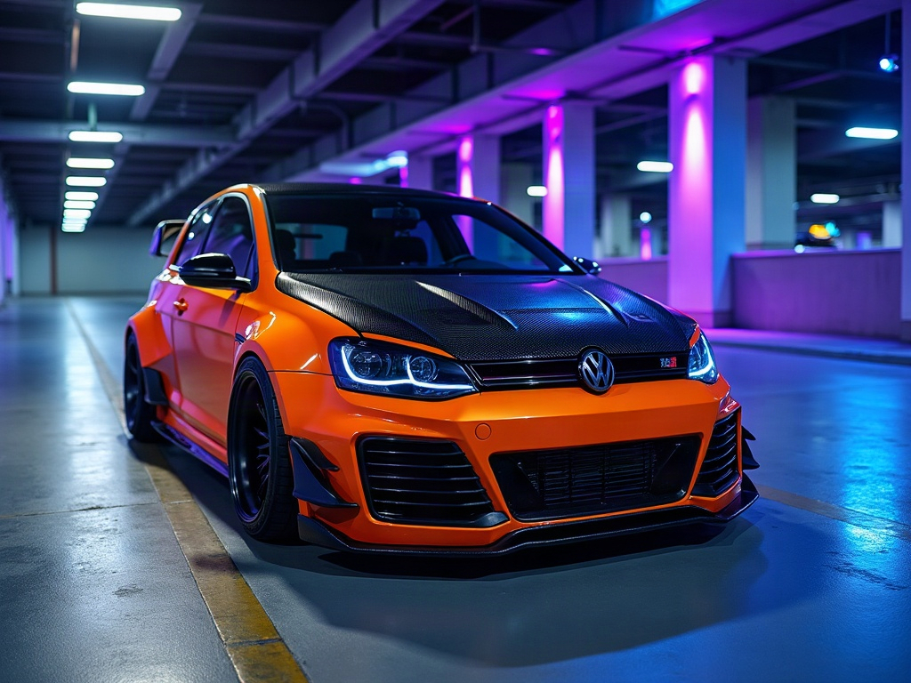 A photorealistic vibrant-orange street tuner hatchback with an exposed — AI car build by @gmart04