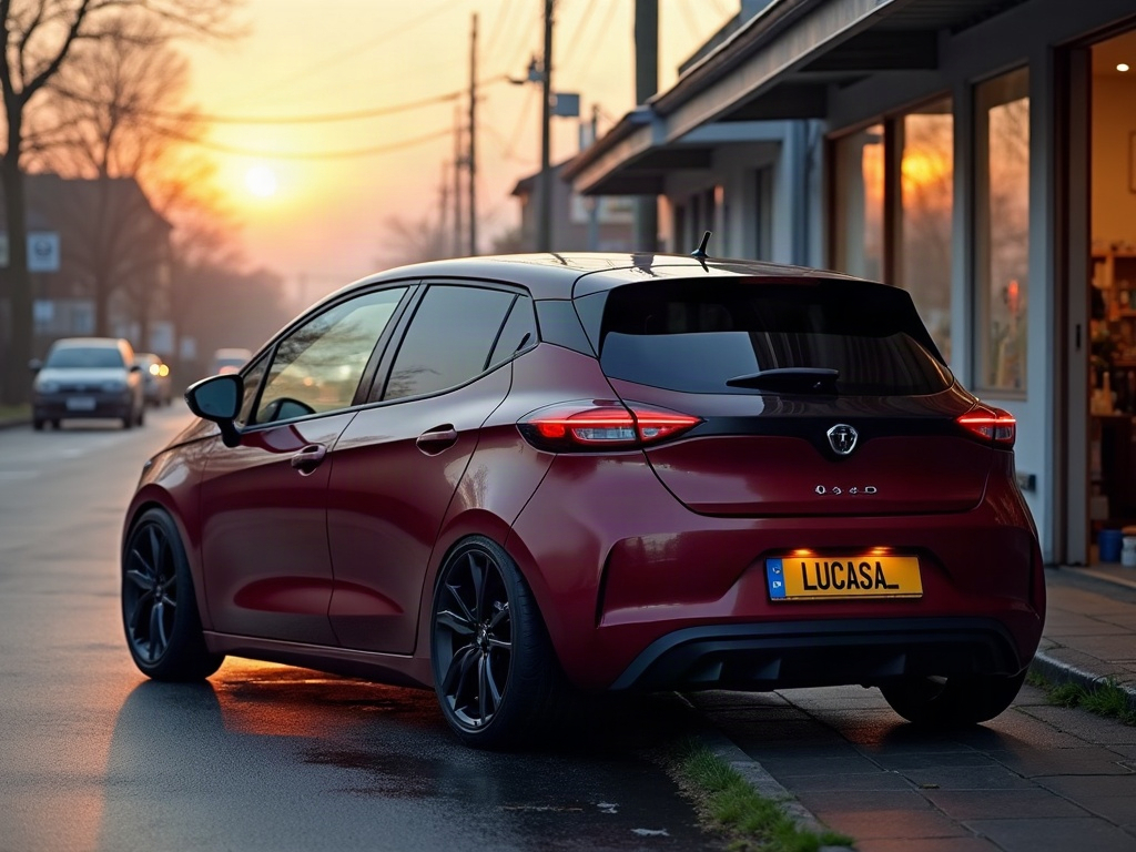A photorealistic burgundy compact electric hatchback — AI car build by @ybeletsky