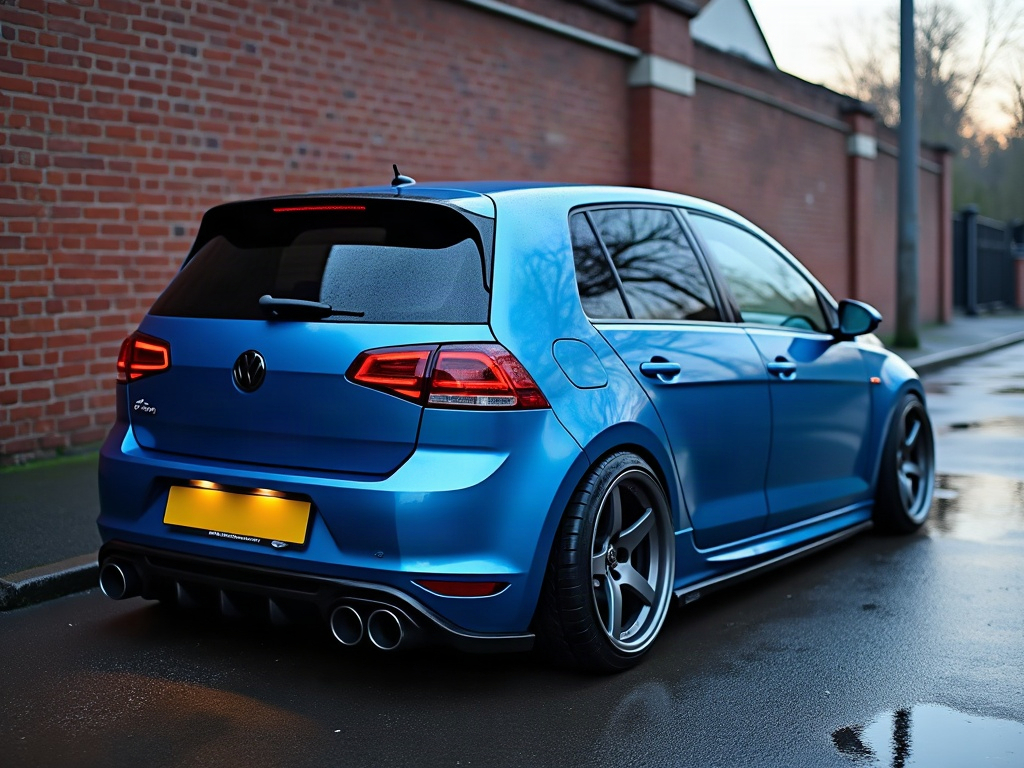A photorealistic steel blue sporty hatchback — AI car build by @ayaalhoussein00