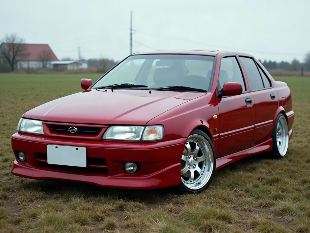 A photorealistic deep red everyday commuter sedan — AI car build by @paroxysmalk