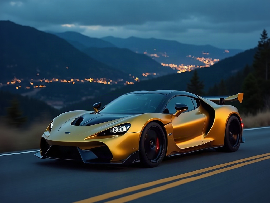A photorealistic satin gold low-slung sports car with matte-black turb — AI car build by @roelofsenelly