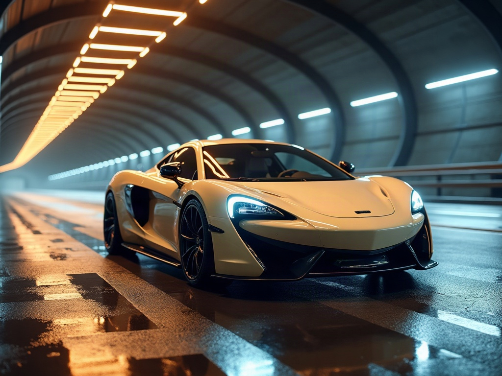 A photorealistic sand beige low-slung sports car with gloss-black conc — AI car build by @roelofsenelly