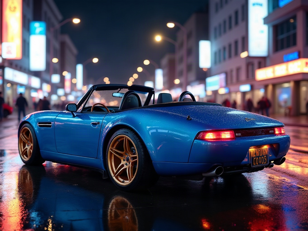 A photorealistic electric blue convertible roadster with bronze five-s — AI car build by @roelofsenelly