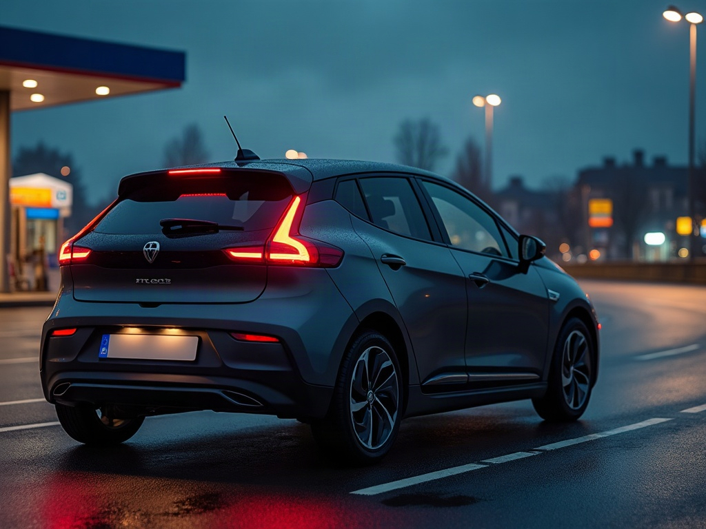 A photorealistic anthracite compact electric hatchback — AI car build by @dominiqueplatet