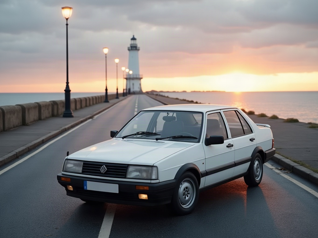A photorealistic white four-door saloon car — AI car build by @anisharb