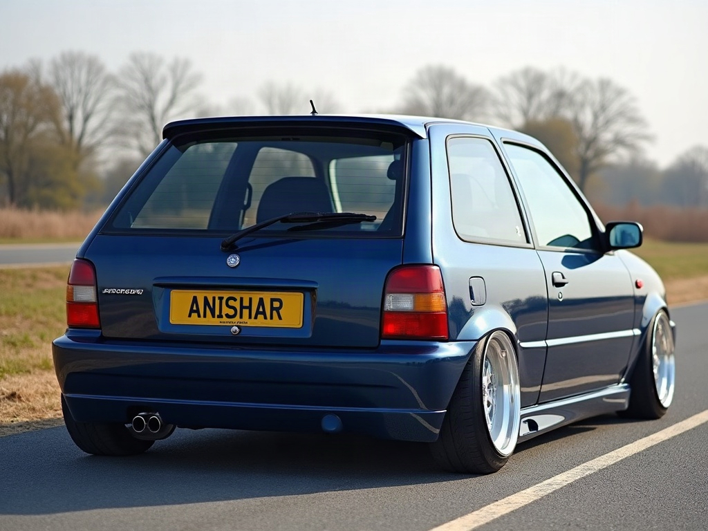 A photorealistic dark blue compact hatchback — AI car build by @anisharb