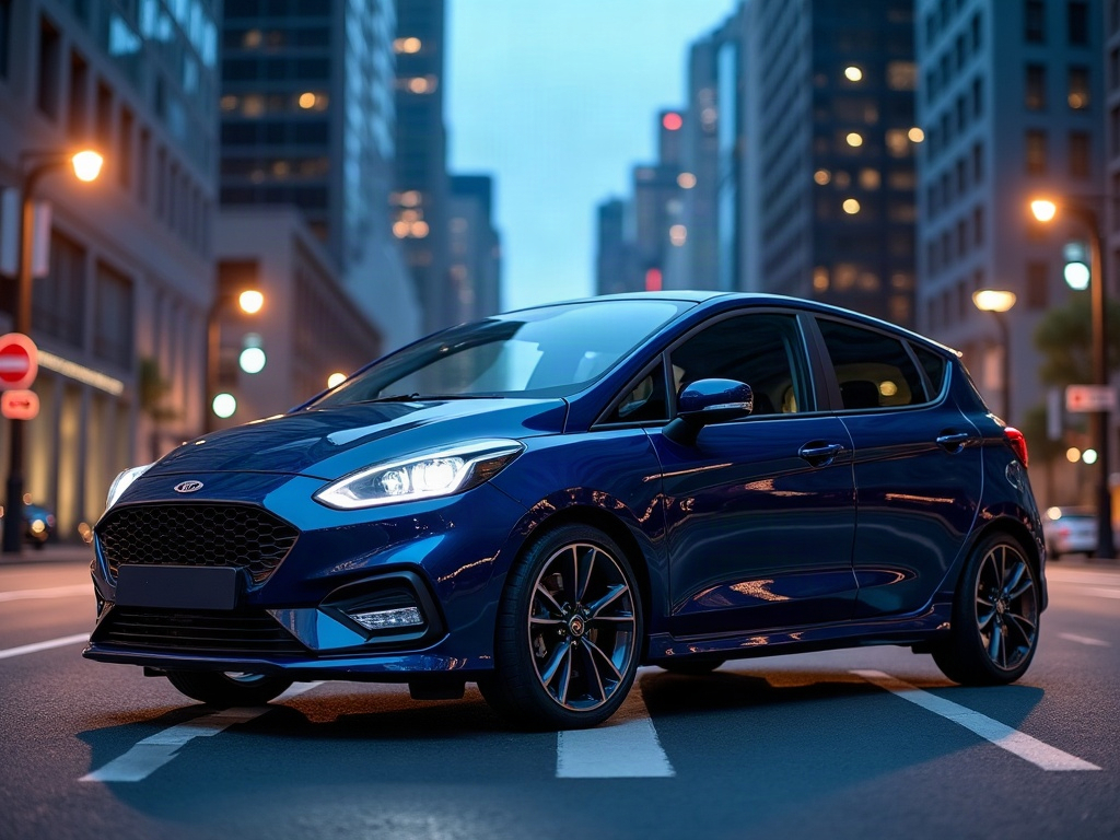 A photorealistic deep navy blue compact hot hatch with gunmetal mesh w — AI car build by @boostedben