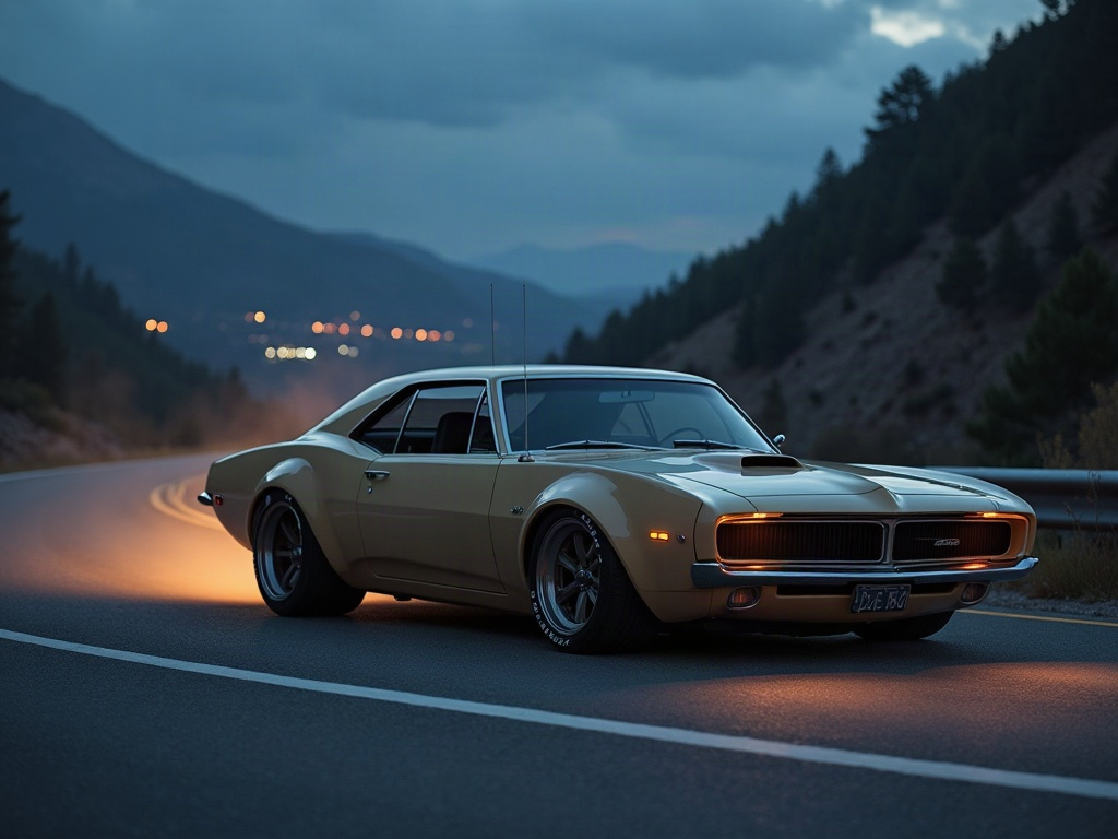 A photorealistic sand beige wide-body muscle car with gunmetal mesh wh — AI car build by @boostedben